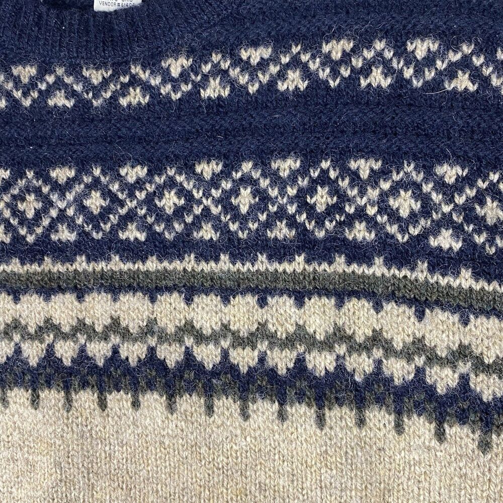 Vintage Eddie Bauer Mens M Wool Sweater Fair Isle Nordic Tan/Navy USA Crewneck - Picture 2 of 8